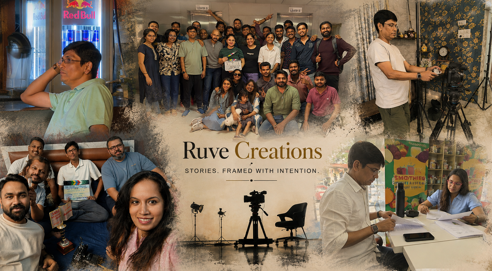 Ruve Creations team and behind-the-scenes collage — Stories. Framed with Intention.
